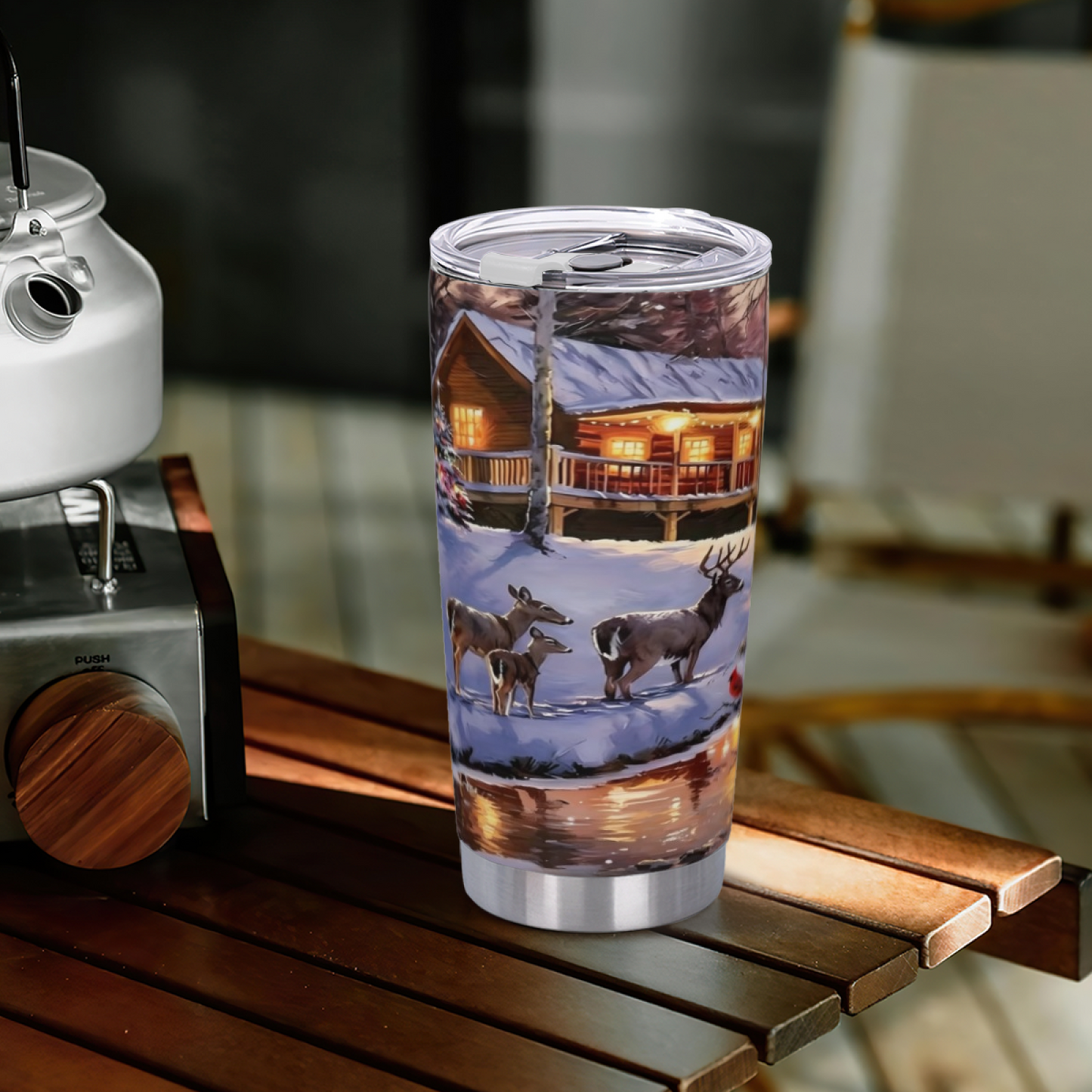 Snowy Winter Log Cabin Wild Deer Forest 20oz Tumbler