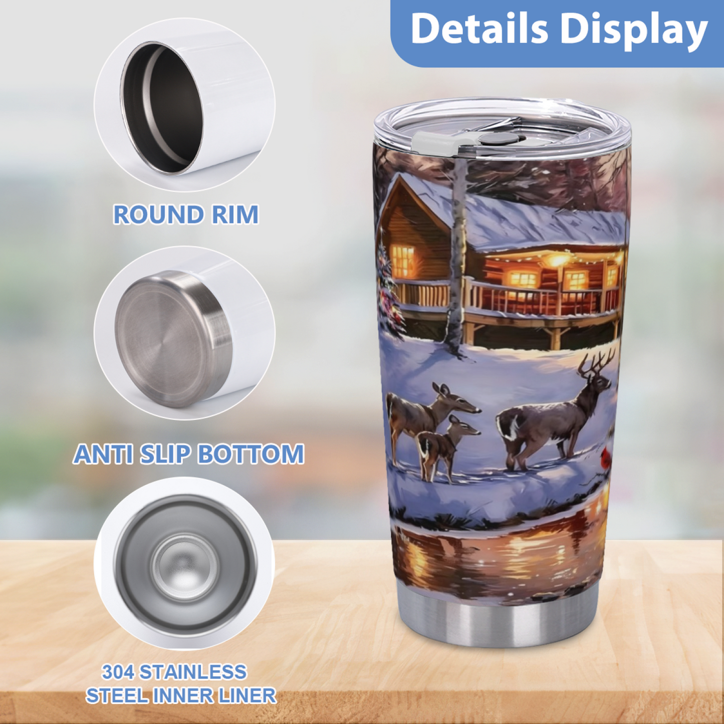 Snowy Winter Log Cabin Wild Deer Forest 20oz Tumbler