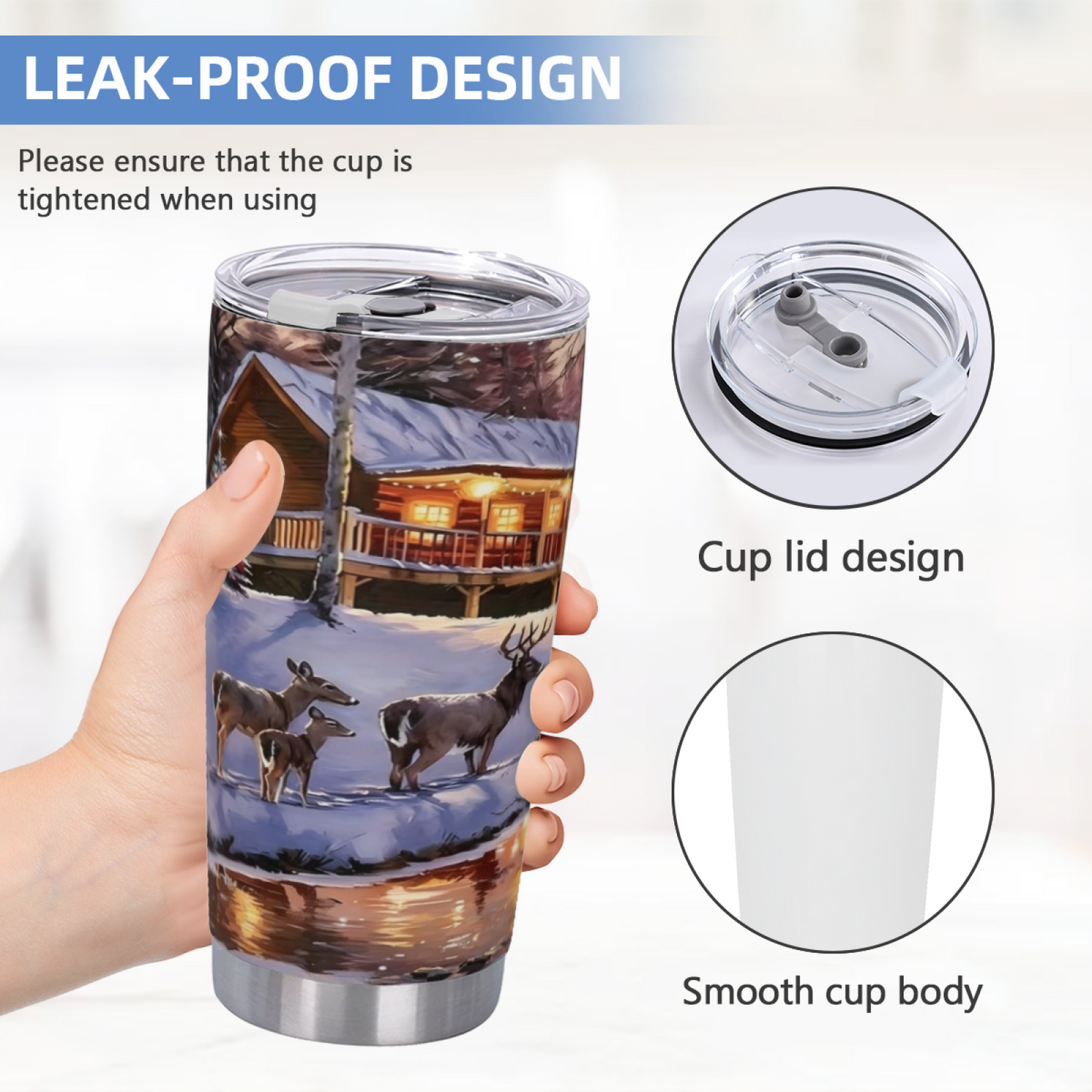 Snowy Winter Log Cabin Wild Deer Forest 20oz Tumbler