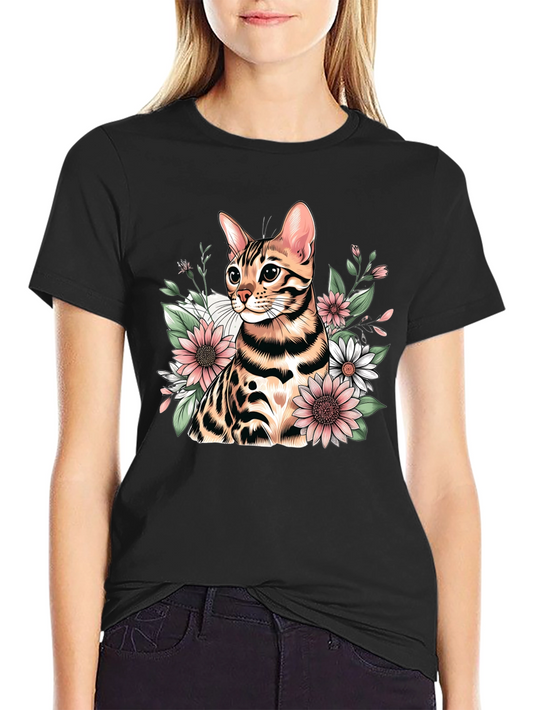 Floral Bengal Cat Graphic T-Shirt