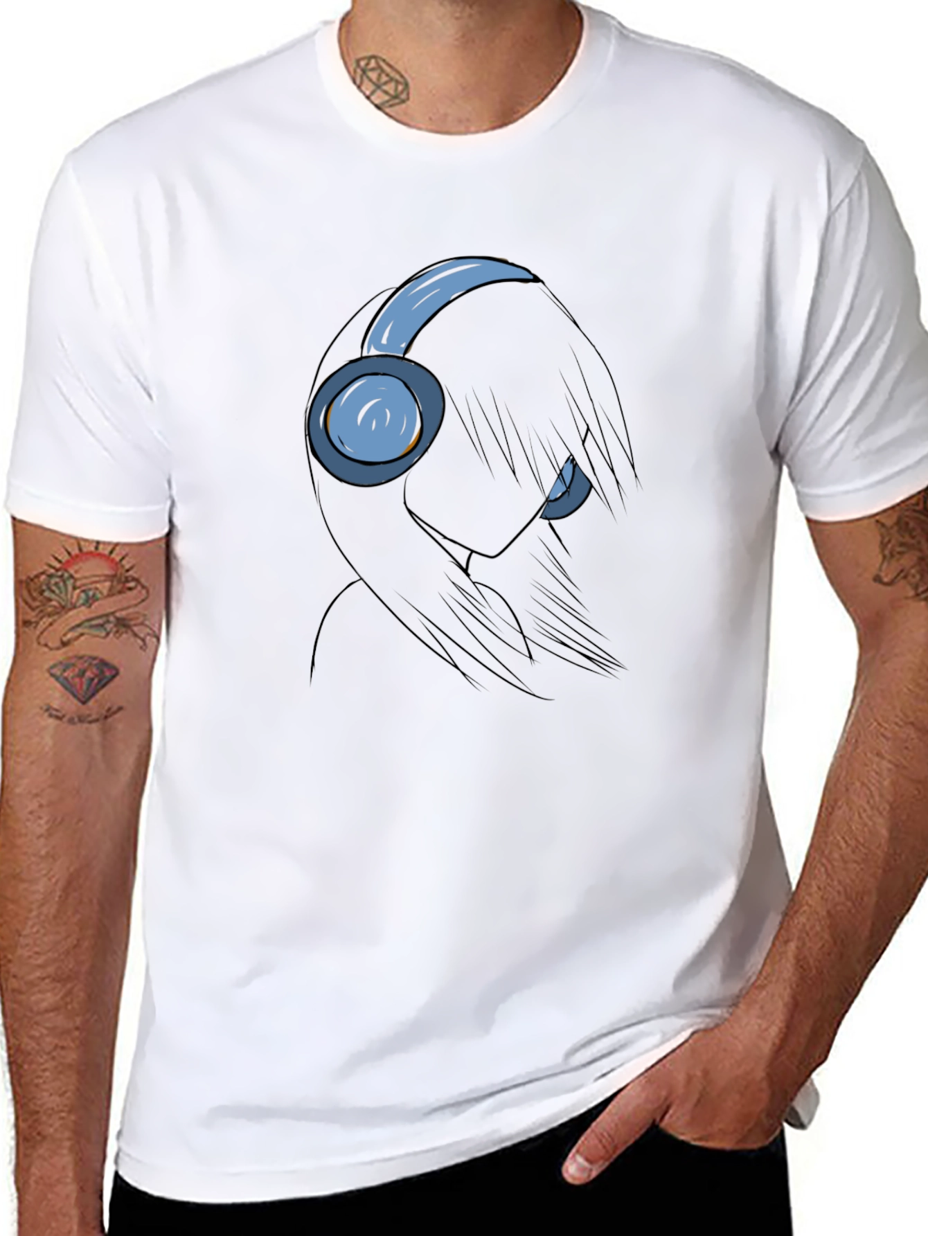 Anime Girl with Headphones Black T-Shirt