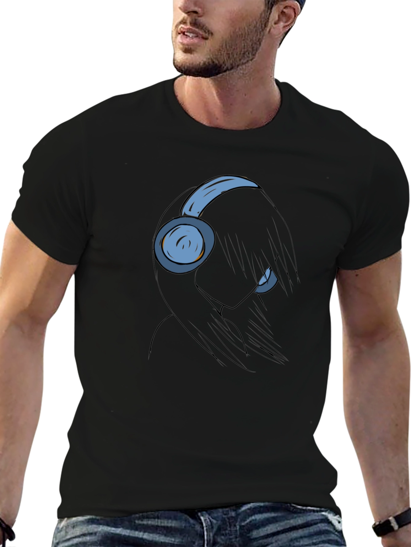 Anime Girl with Headphones Black T-Shirt