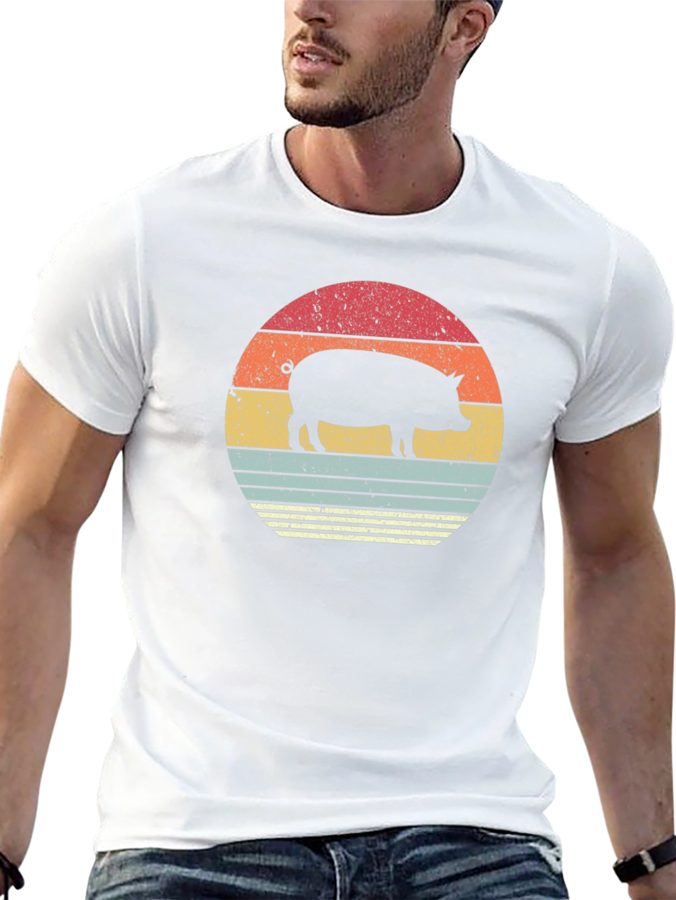 Retro Pig Sunset Graphic T-Shirt - Black