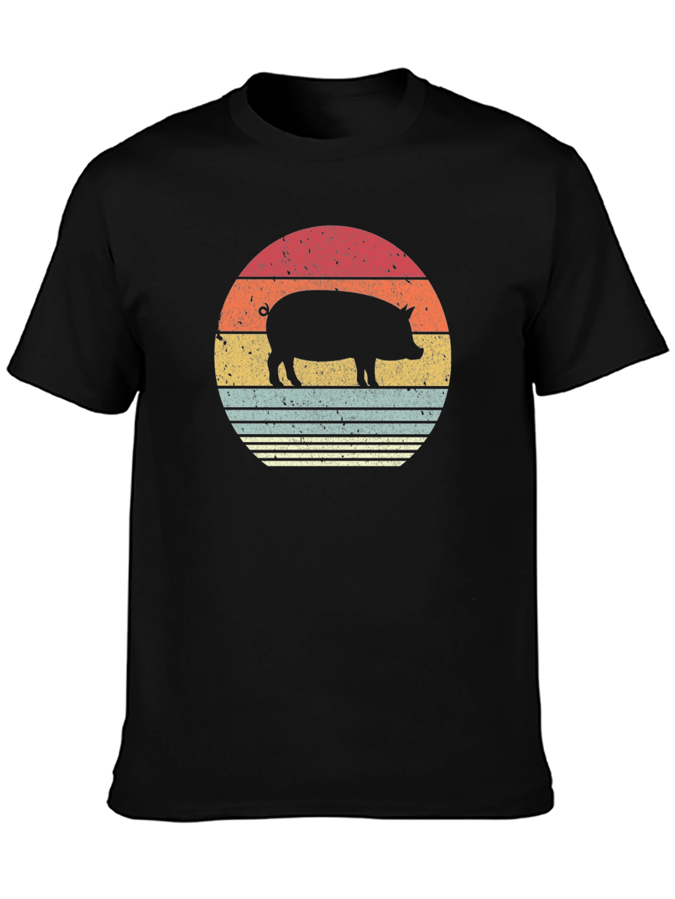 Retro Pig Sunset Graphic T-Shirt - Black