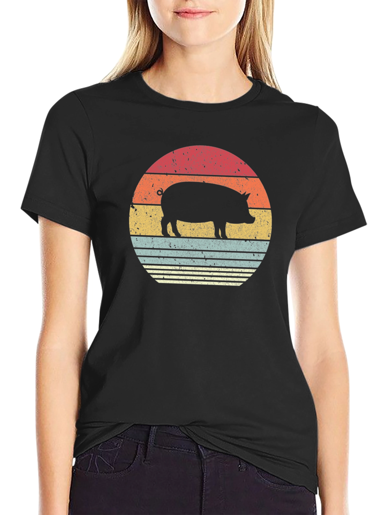 Retro Pig Sunset Graphic T-Shirt - Black