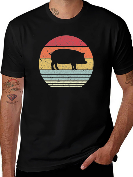 Retro Pig Sunset Graphic T-Shirt - Black