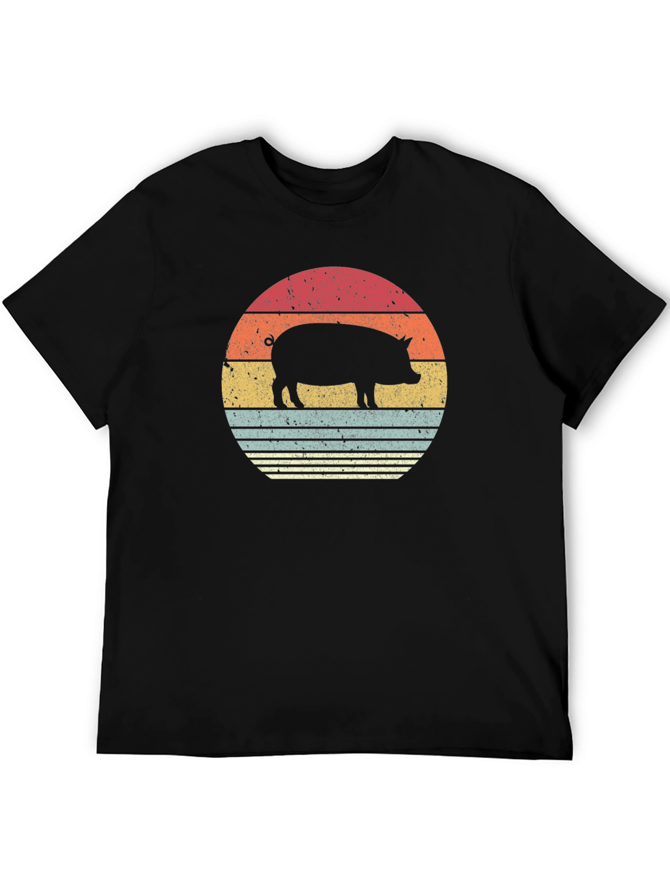 Retro Pig Sunset Graphic T-Shirt - Black