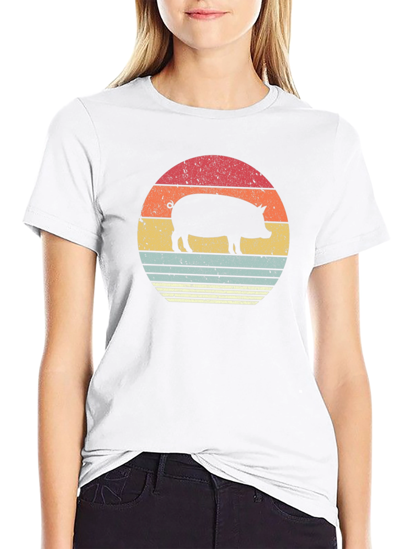 Retro Pig Sunset Graphic T-Shirt - Black