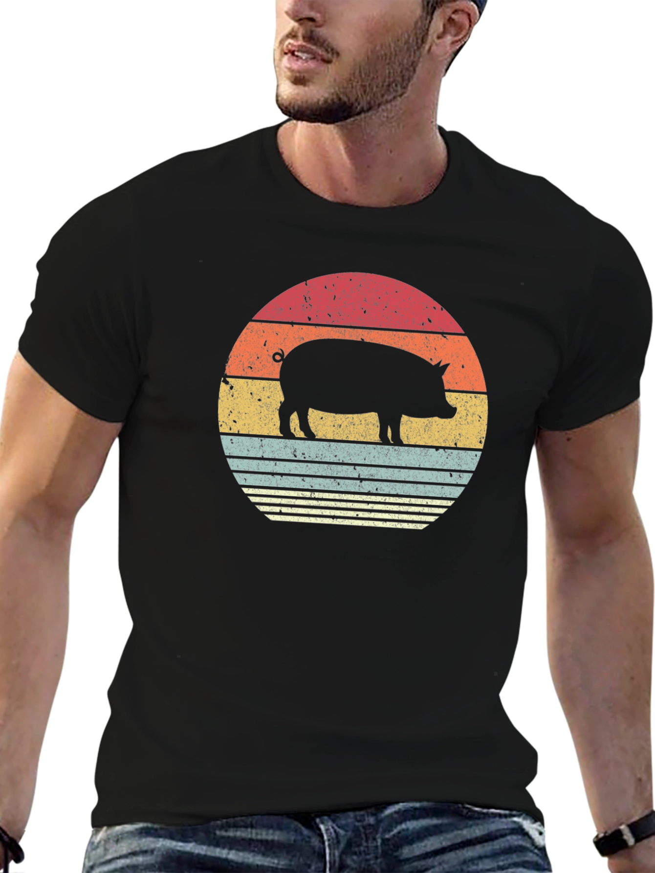 Retro Pig Sunset Graphic T-Shirt - Black