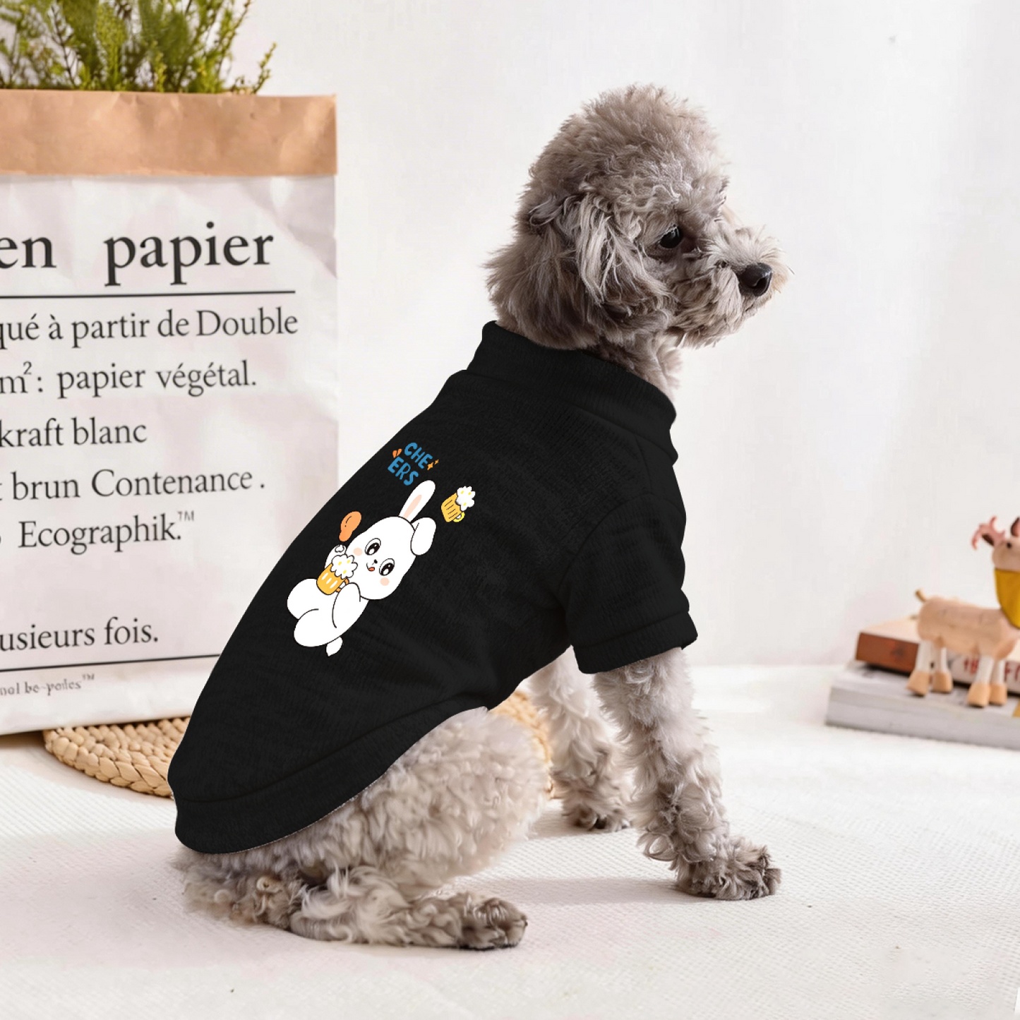 Cheers Beer Bunny Cartoon Pet Cardigan Sweater, Funny Party Puppy Outfit