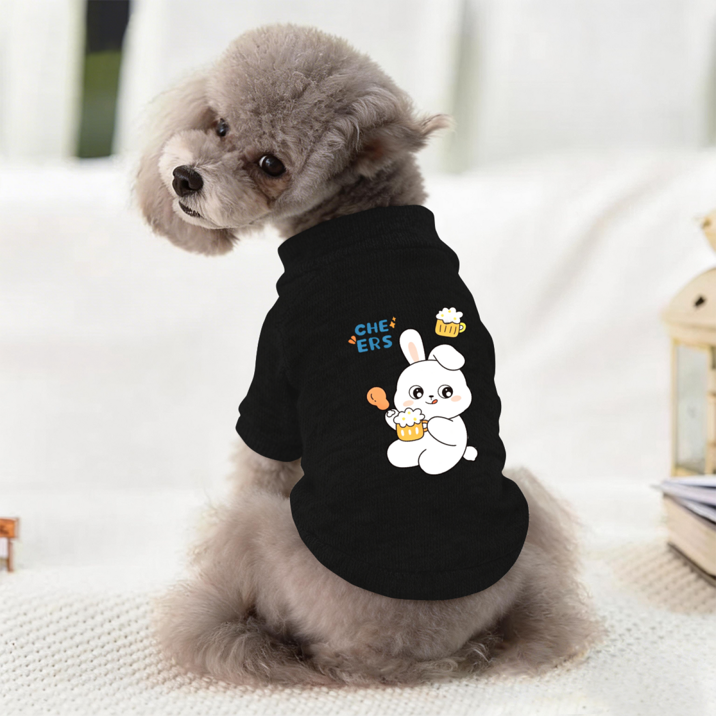 Cheers Beer Bunny Cartoon Pet Cardigan Sweater, Funny Party Puppy Outfit