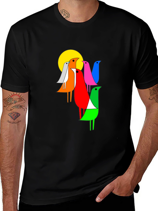 Colorful Birds Graphic T-Shirt - Black Cotton Tee