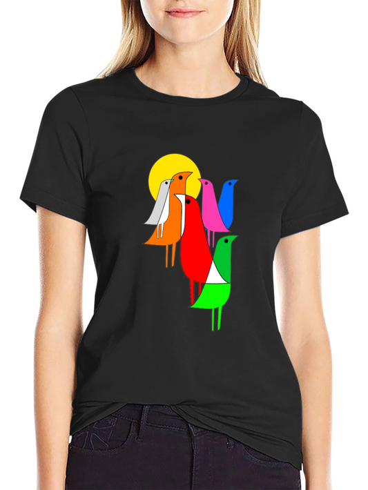 Colorful Birds Graphic T-Shirt - Black Cotton Tee