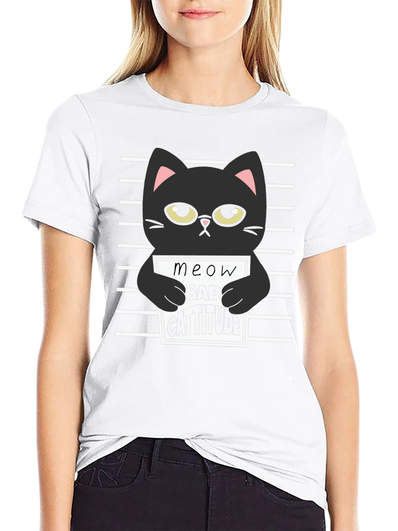 Black Cat Meow Bad Cattitude Graphic T-Shirt