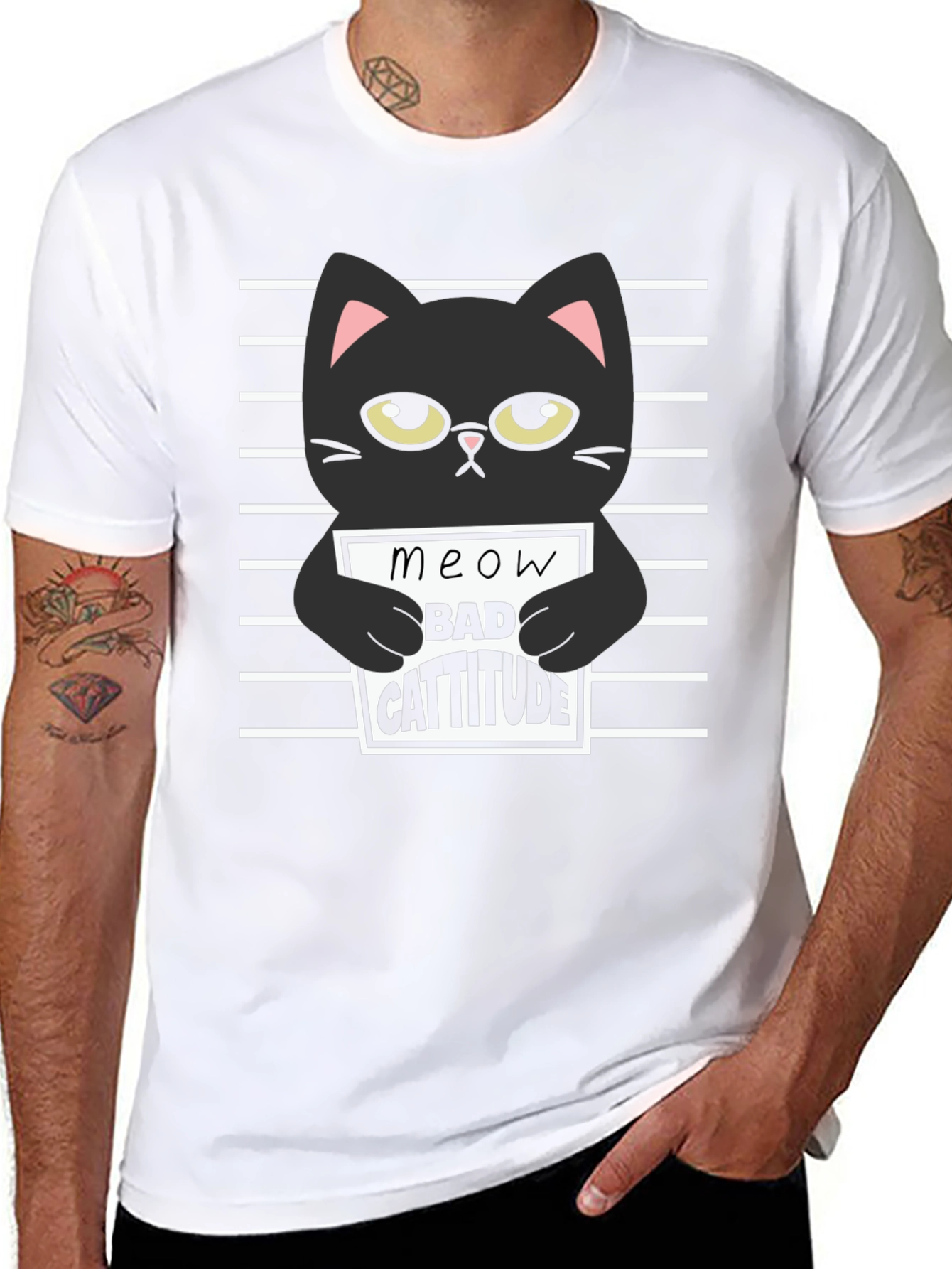Black Cat Meow Bad Cattitude Graphic T-Shirt