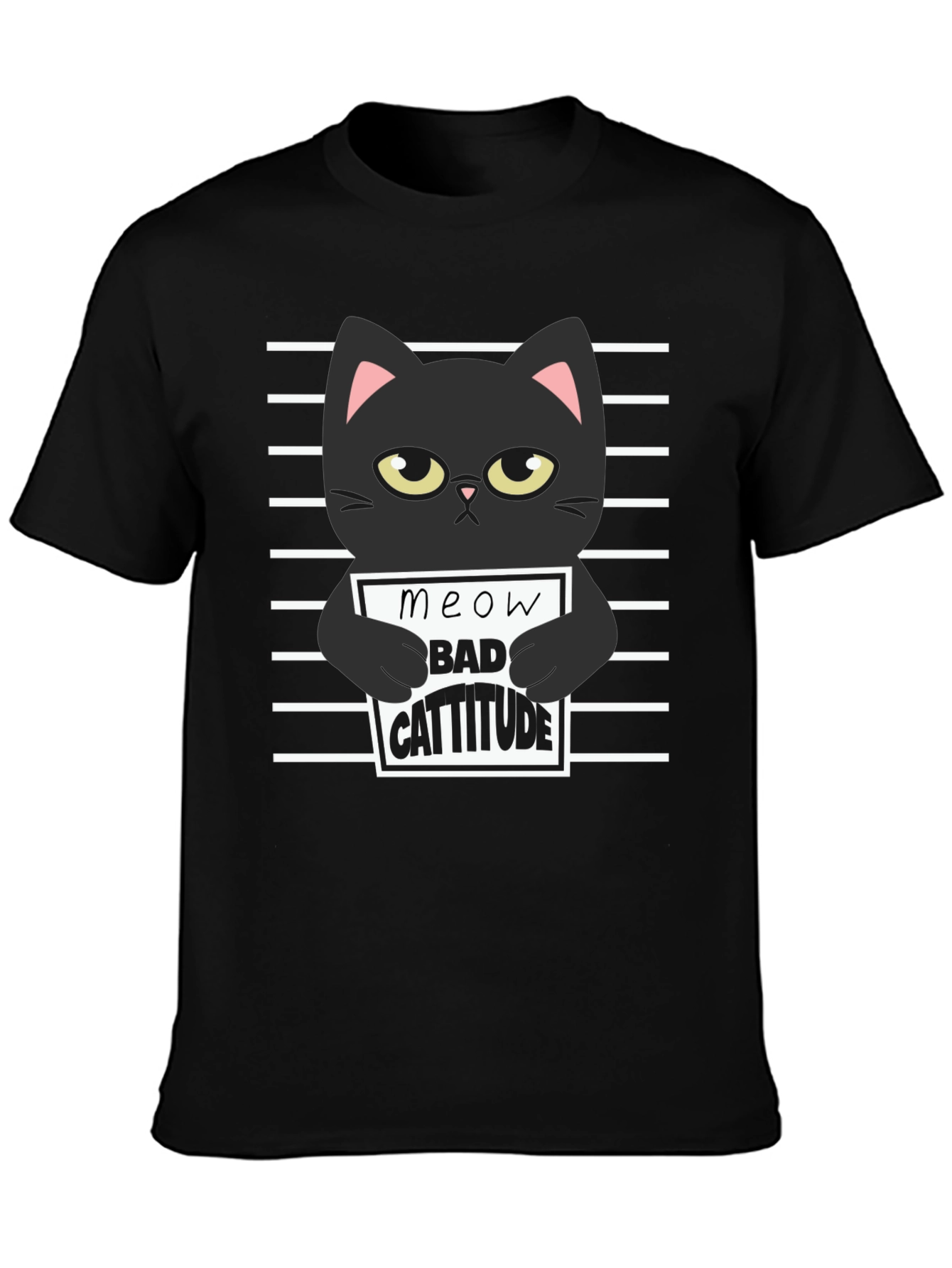 Black Cat Meow Bad Cattitude Graphic T-Shirt