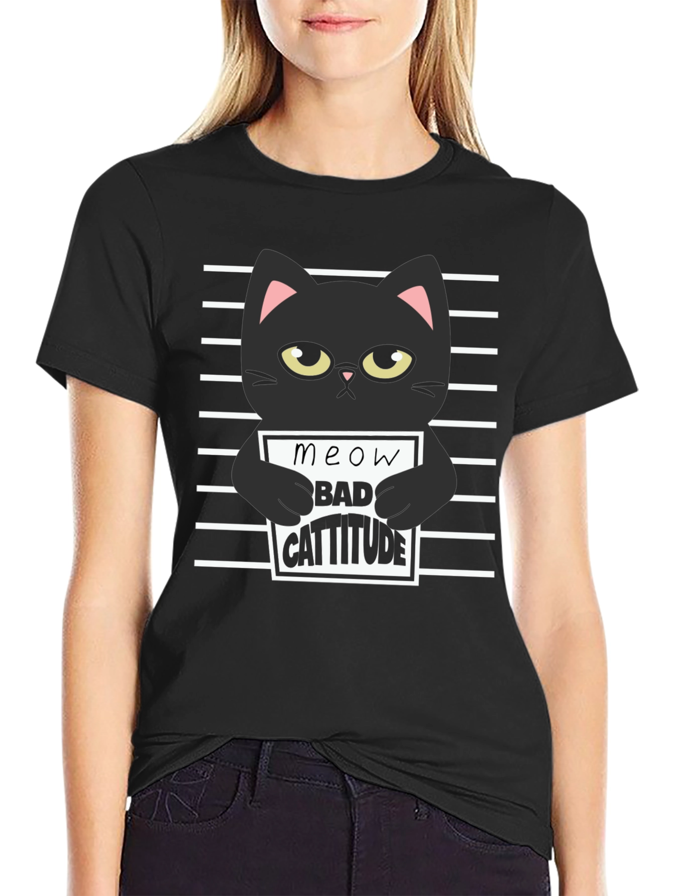 Black Cat Meow Bad Cattitude Graphic T-Shirt