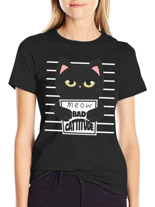 Black Cat Meow Bad Cattitude Graphic T-Shirt
