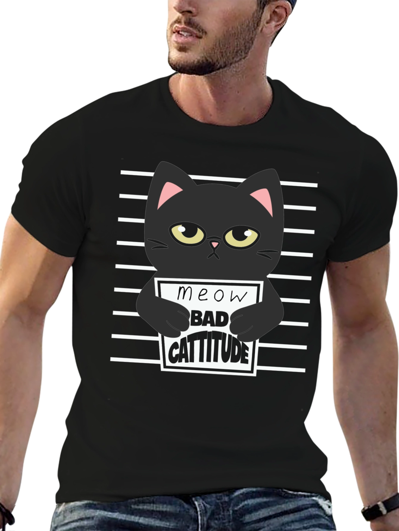 Black Cat Meow Bad Cattitude Graphic T-Shirt