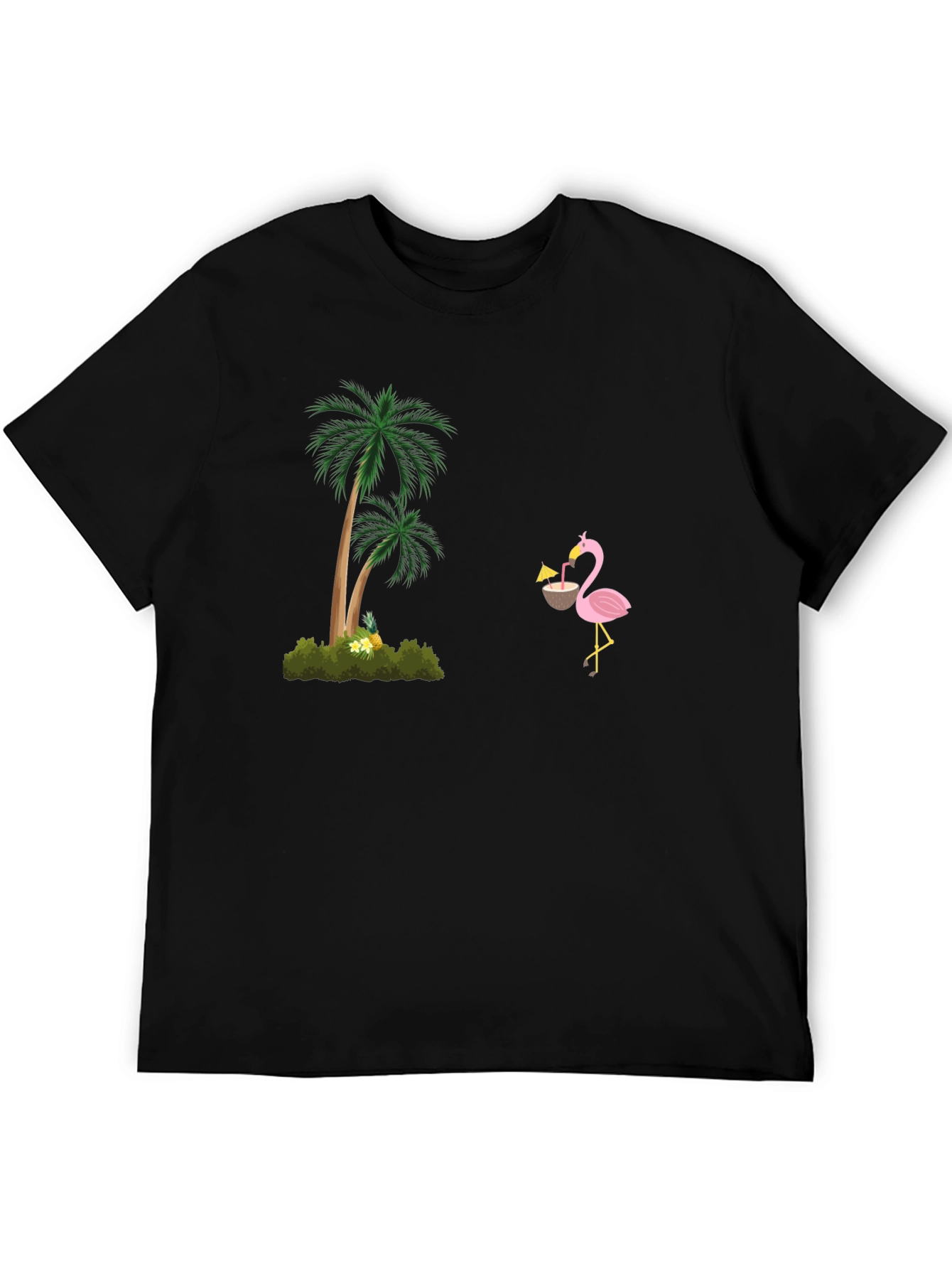 Tropical Vibes Black T-Shirt: Flamingo & Palm Tree Design