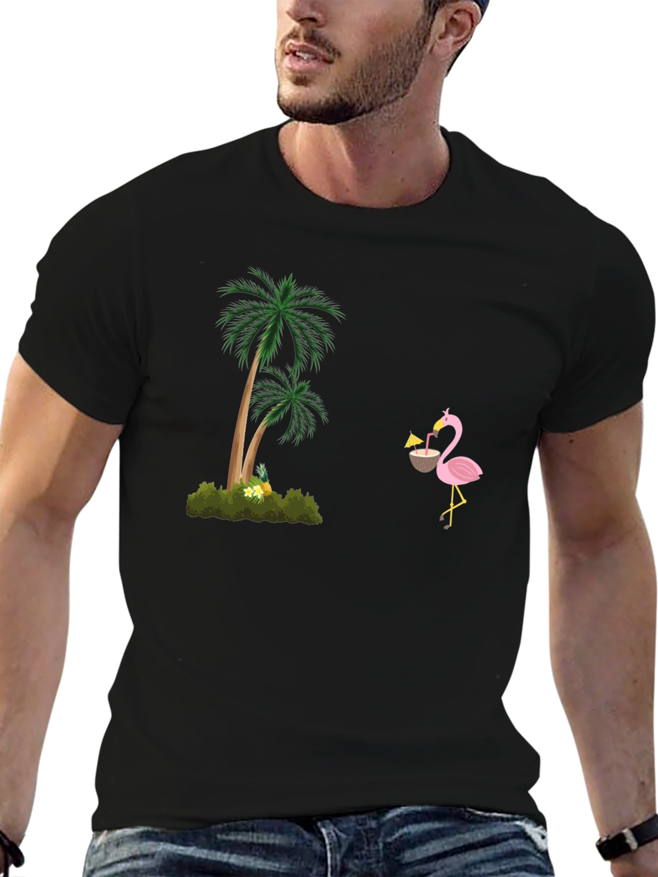 Tropical Vibes Black T-Shirt: Flamingo & Palm Tree Design