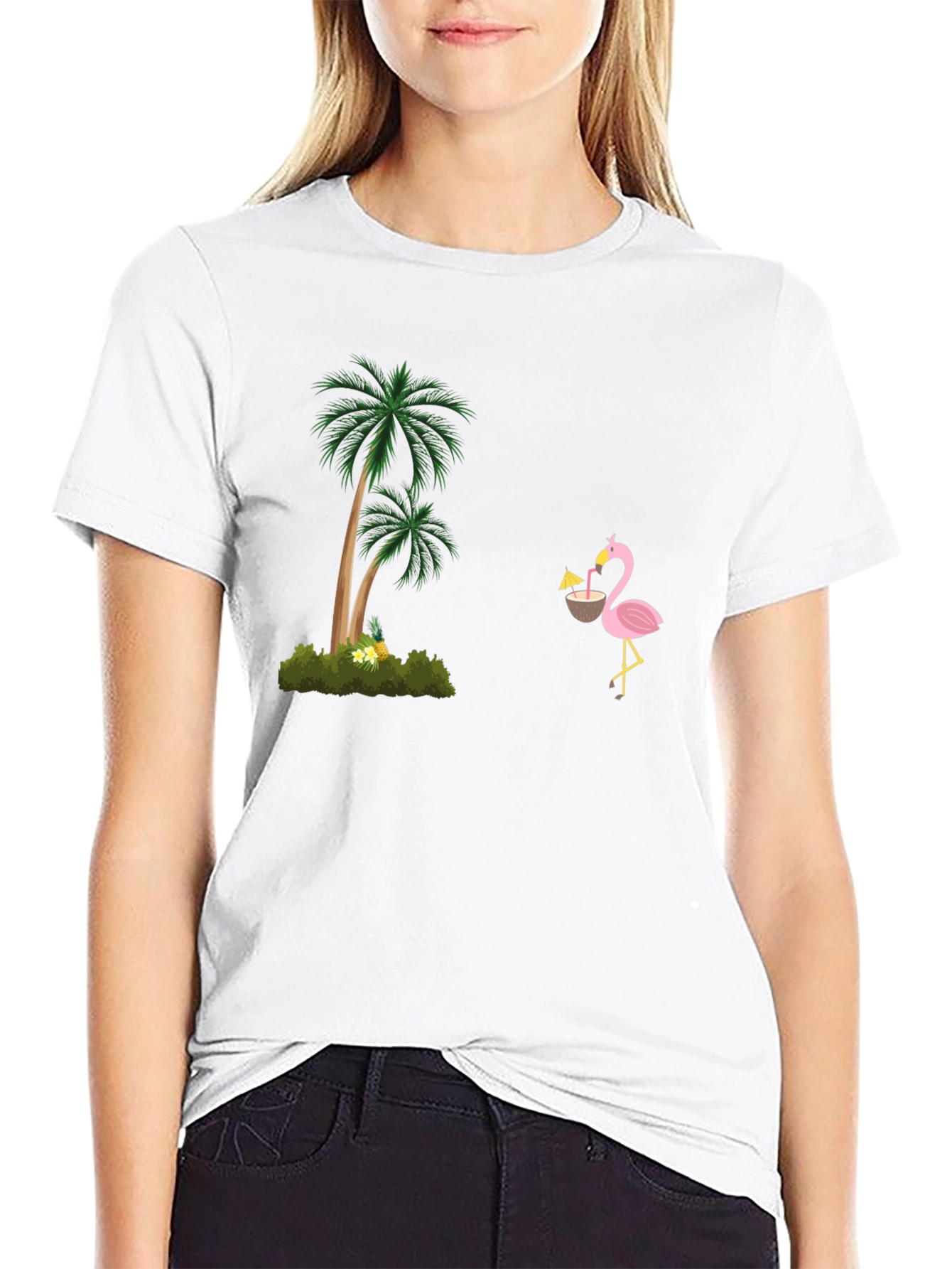 Tropical Vibes Black T-Shirt: Flamingo & Palm Tree Design