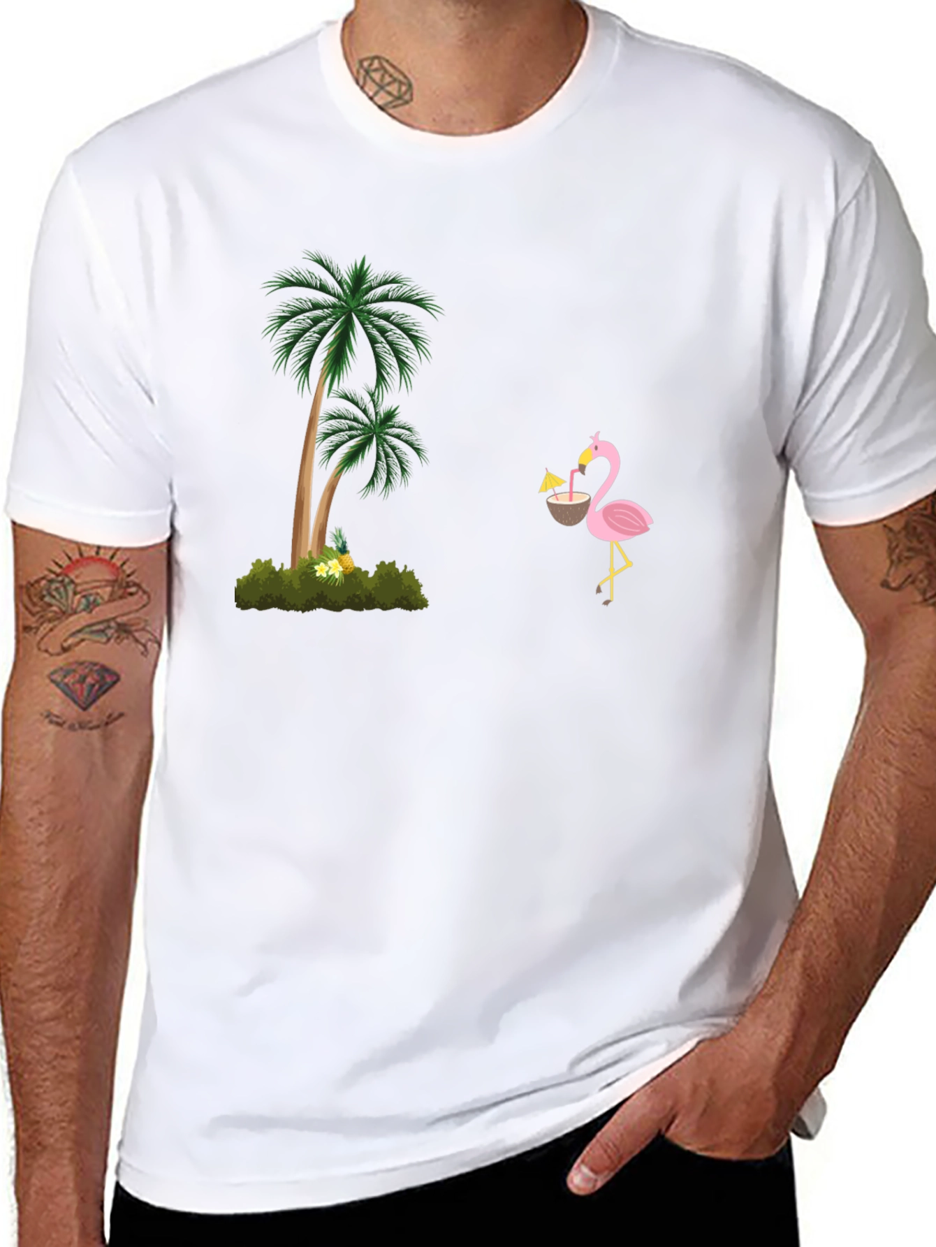 Tropical Vibes Black T-Shirt: Flamingo & Palm Tree Design