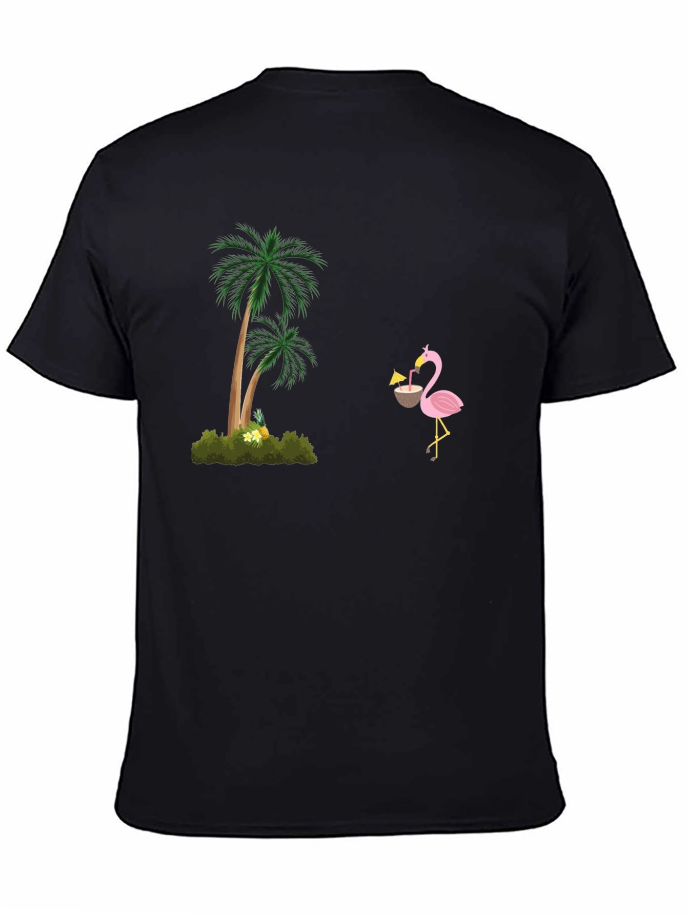 Tropical Vibes Black T-Shirt: Flamingo & Palm Tree Design