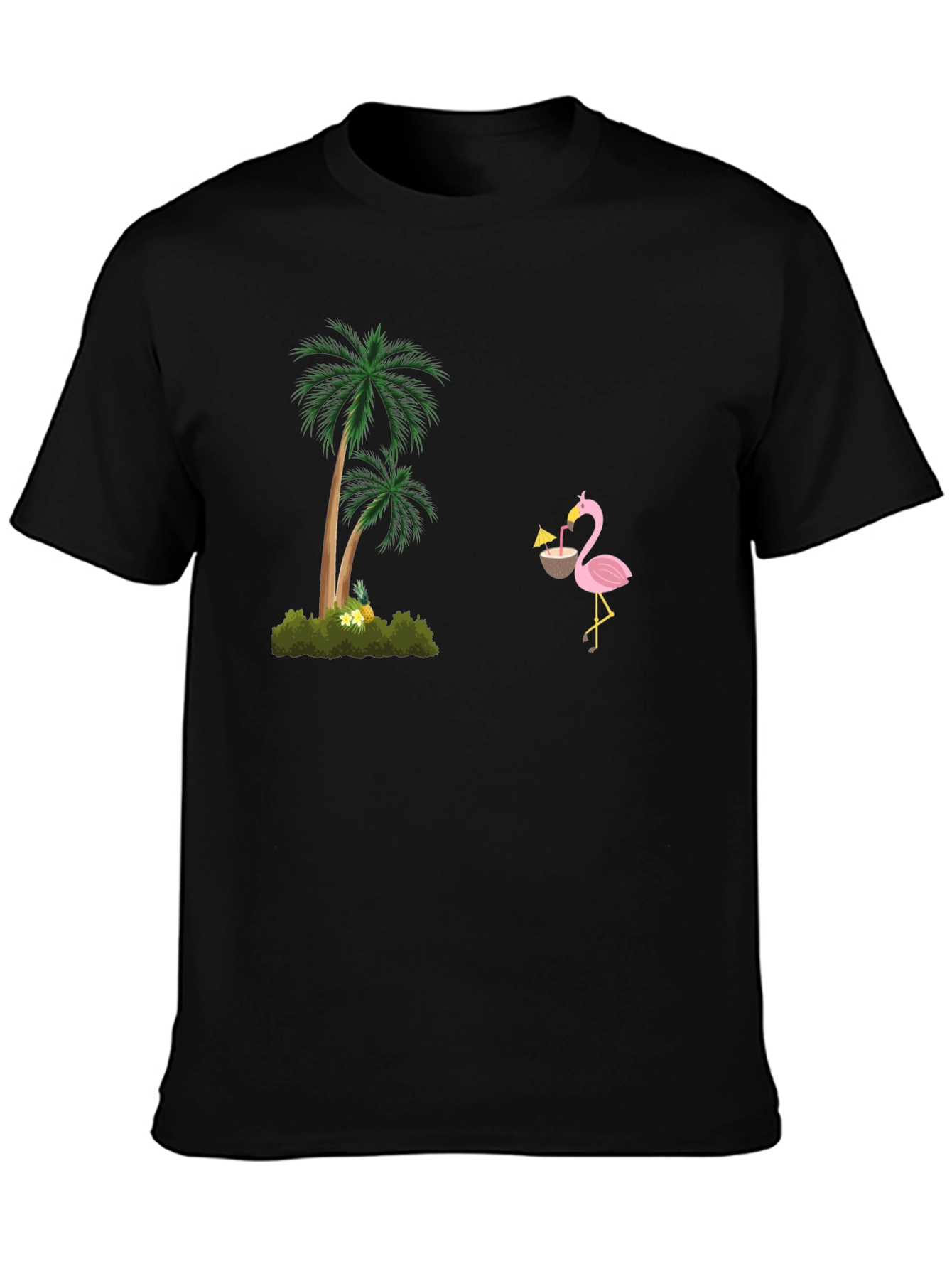 Tropical Vibes Black T-Shirt: Flamingo & Palm Tree Design