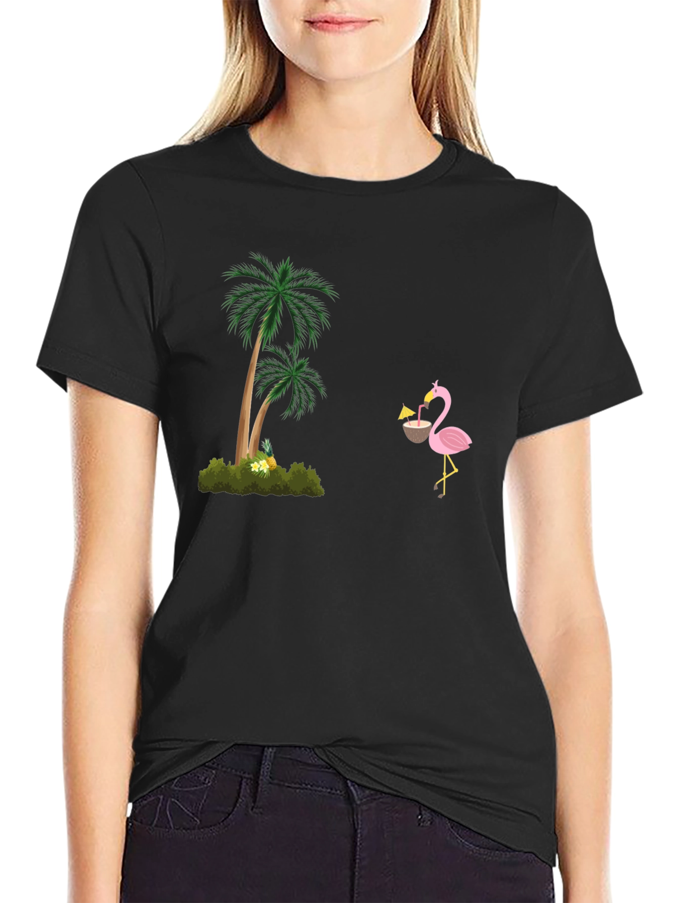 Tropical Vibes Black T-Shirt: Flamingo & Palm Tree Design