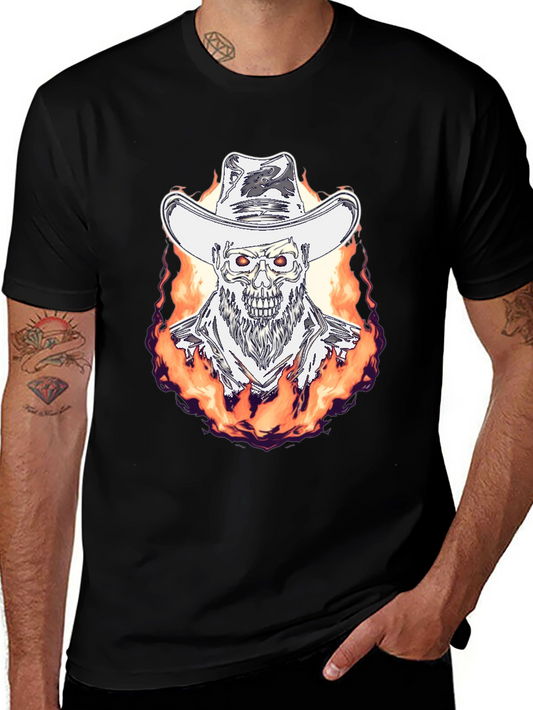 Flaming Cowboy Skull Graphic Tee - Black