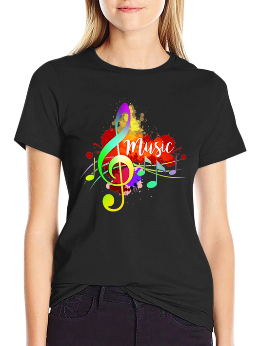 Colorful Music Note Graphic Tee - Soft Black Cotton