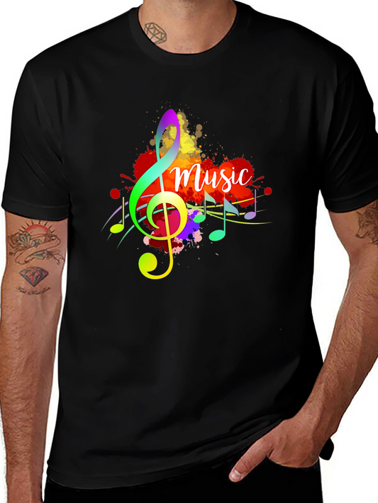 Colorful Music Note Graphic Tee - Soft Black Cotton