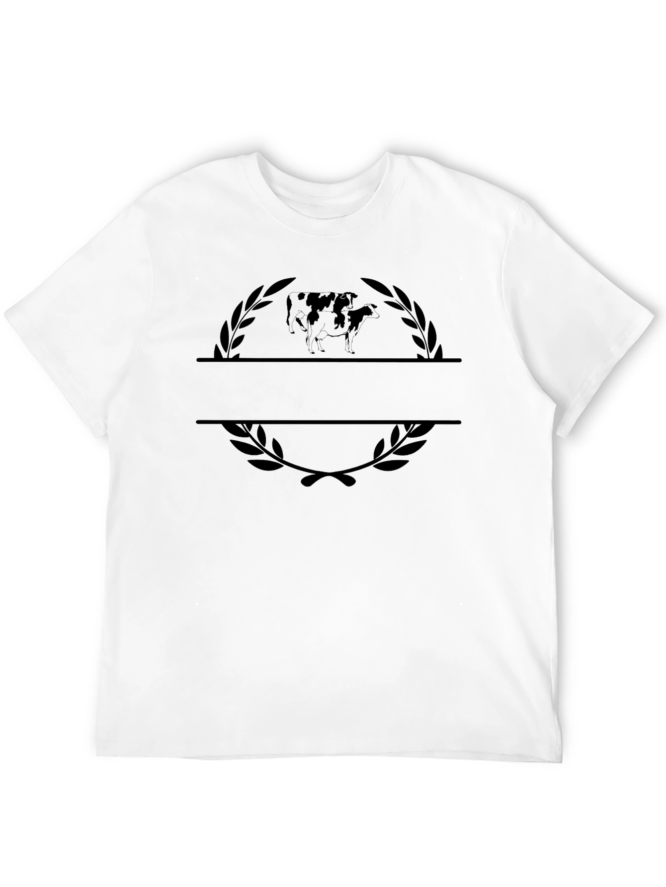 Black Graphic Tee with Cow Motif and Laurel Design