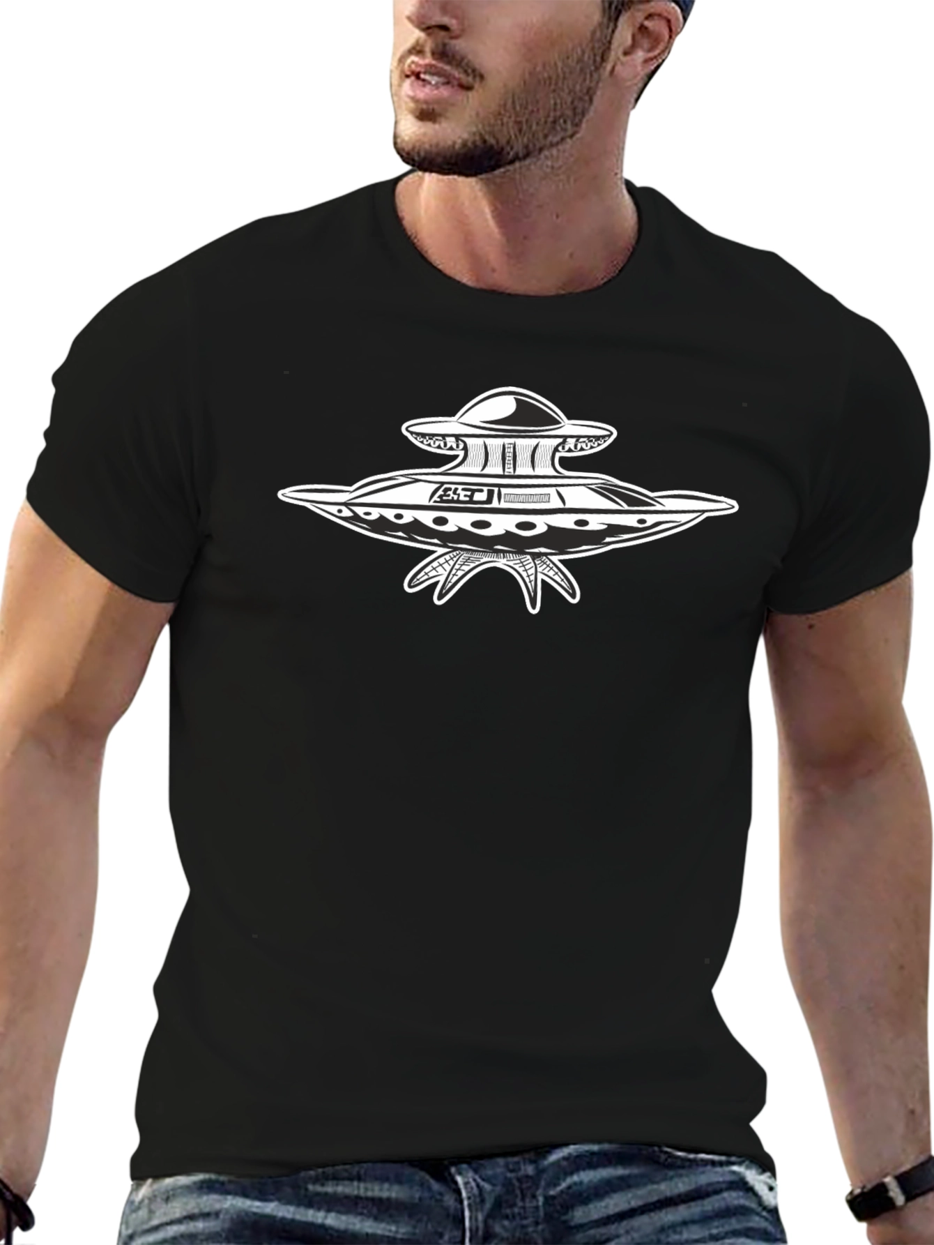 UFO Graphic Print Black T-Shirt
