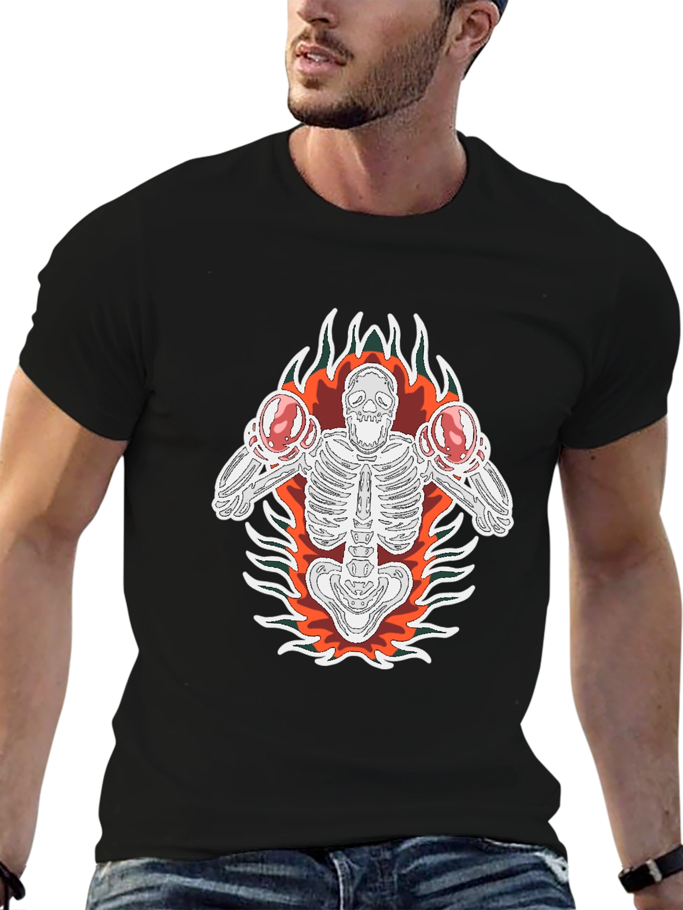 Skeleton Boxer Graphic Tee - Black Cotton T-Shirt