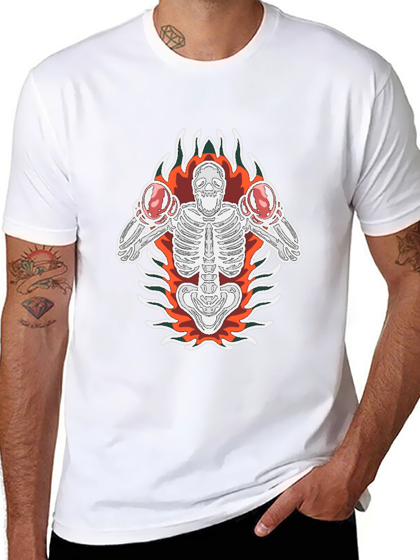 Skeleton Boxer Graphic Tee - Black Cotton T-Shirt