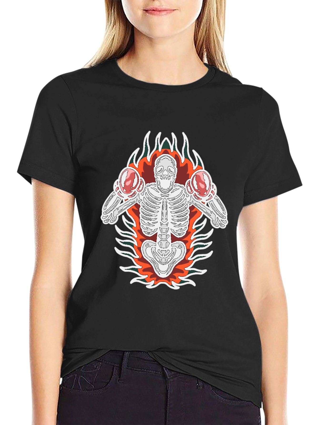 Skeleton Boxer Graphic Tee - Black Cotton T-Shirt