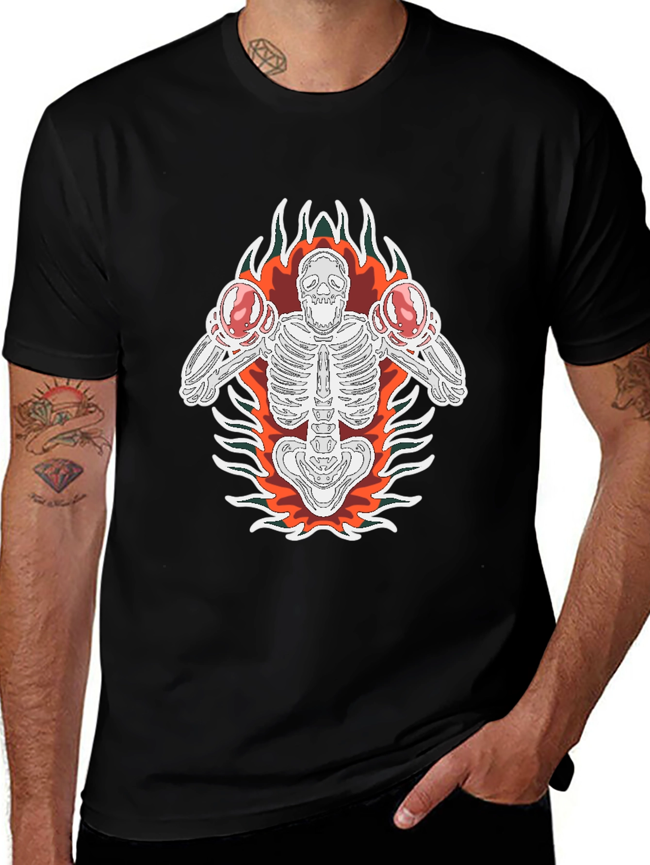 Skeleton Boxer Graphic Tee - Black Cotton T-Shirt