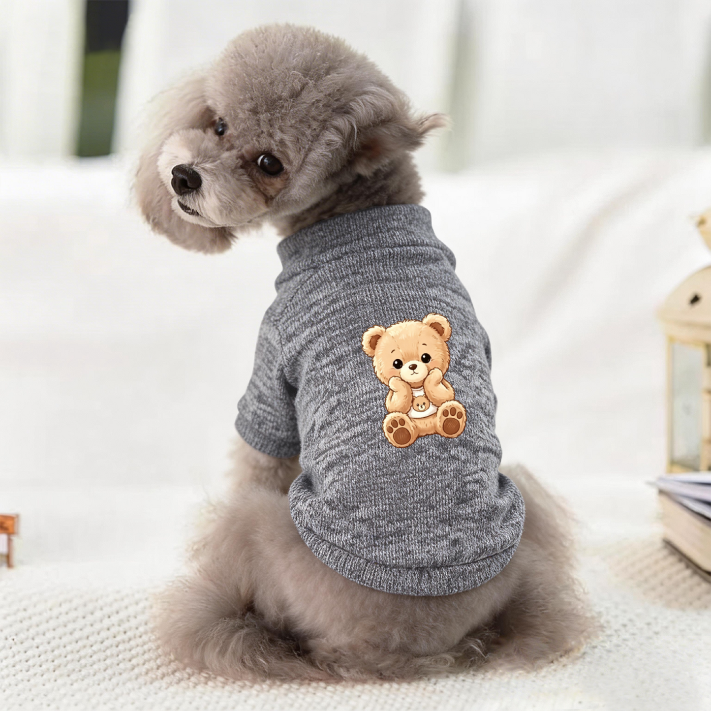 Hugging Mini Bear Grey Pet Pullover Sweater, Fluffy Teddy Puppy Outfit