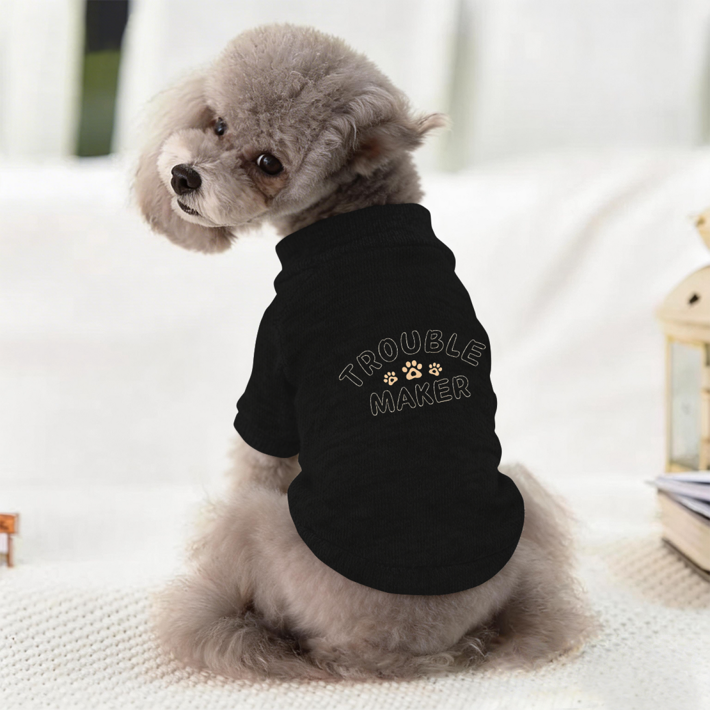 Trouble Maker Paw Print Black Pet Pullover Sweater, Funny Naughty Dog Clothes