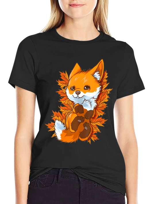 Cute Fox Autumn Leaves Black T-Shirt