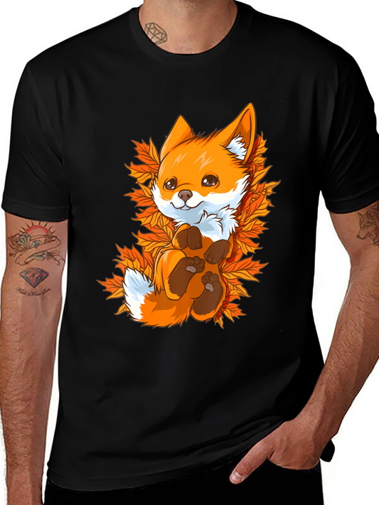 Cute Fox Autumn Leaves Black T-Shirt