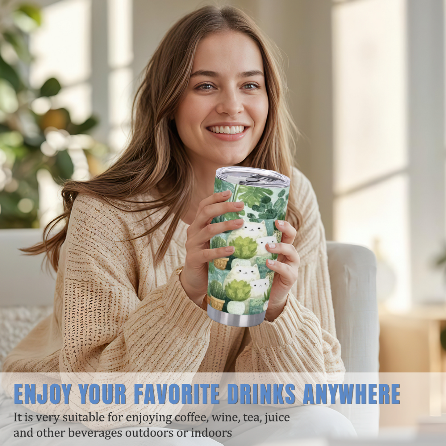 Minimal Green Succulent White Kitten Plant Lover Tumbler