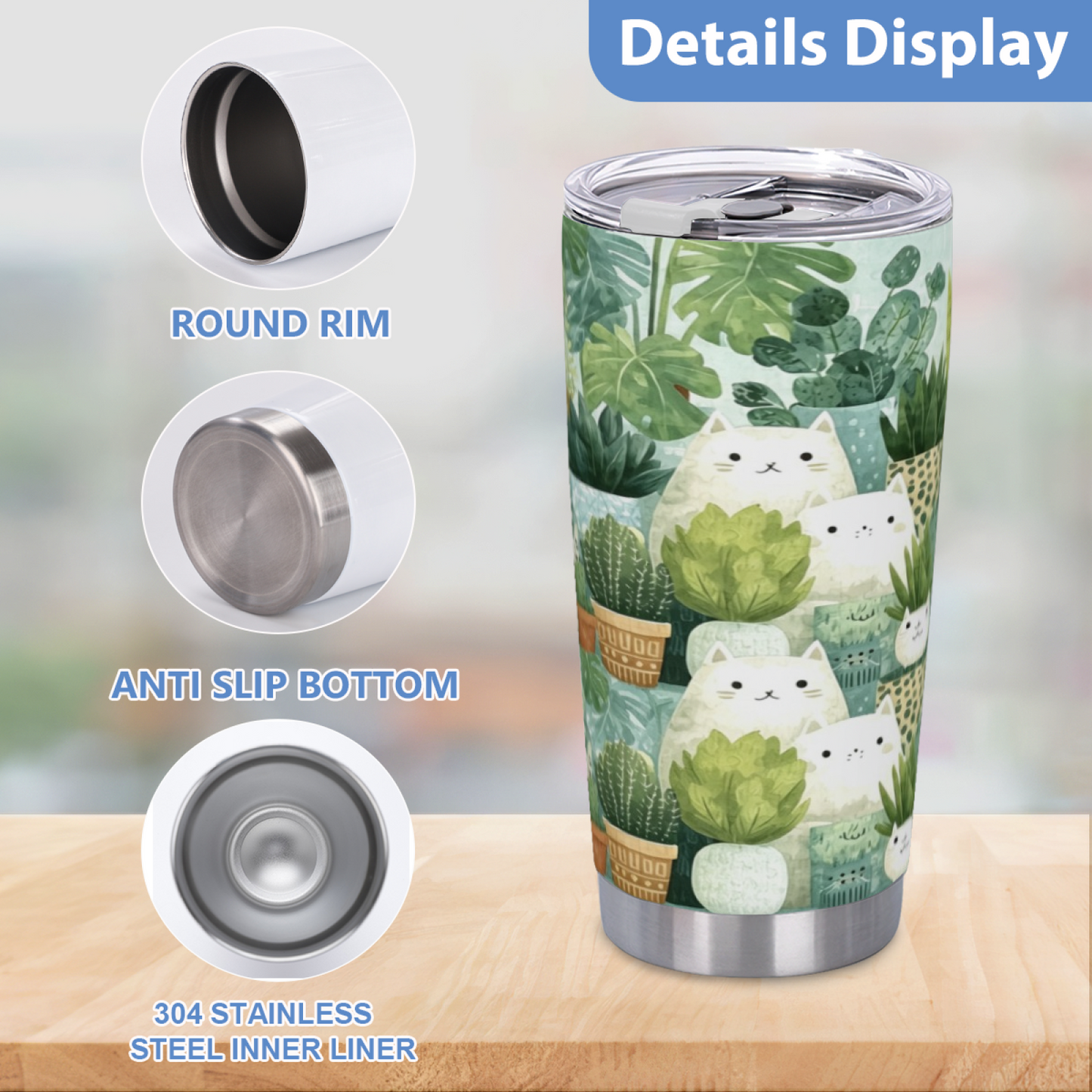 Minimal Green Succulent White Kitten Plant Lover Tumbler
