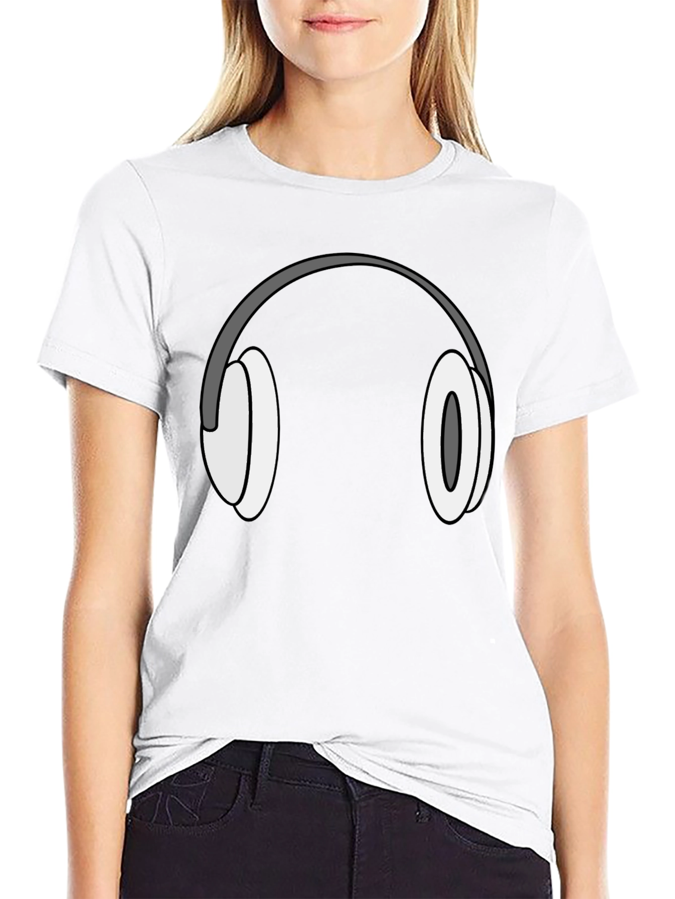 Cartoon Headphones Graphic Tee - Black