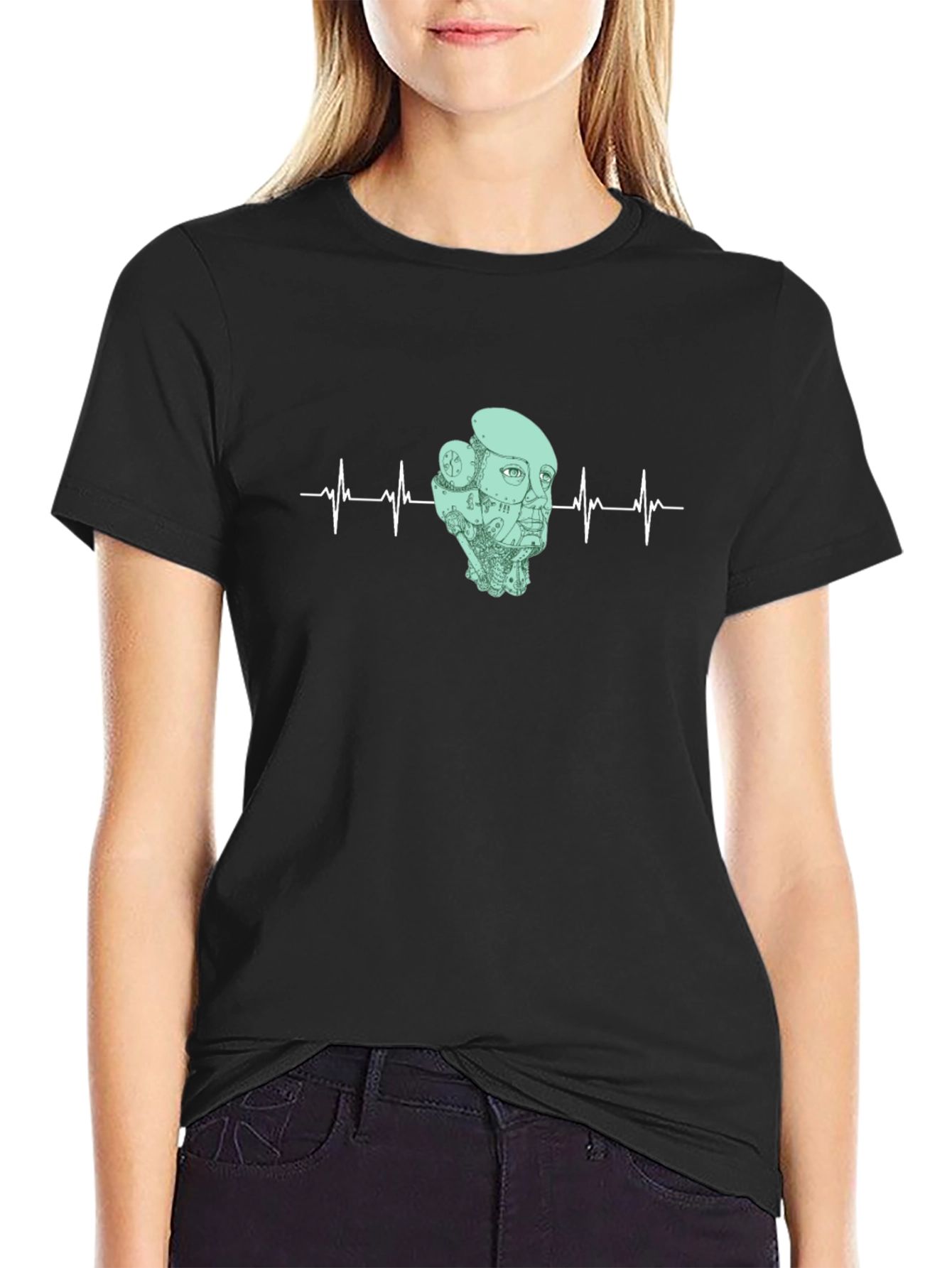 Robot Headbeat Graphic Tee - Black Cotton T-Shirt