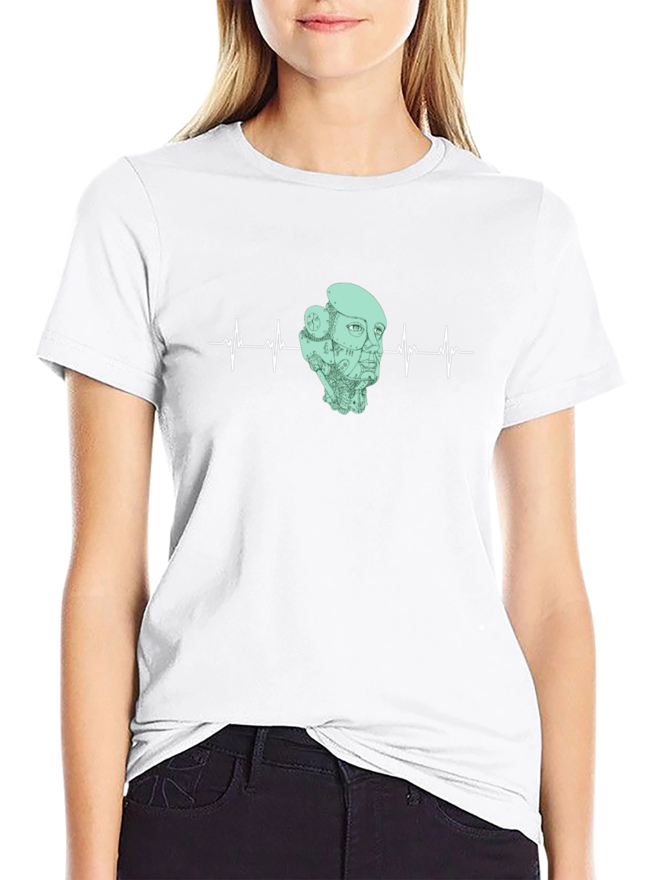 Robot Headbeat Graphic Tee - Black Cotton T-Shirt