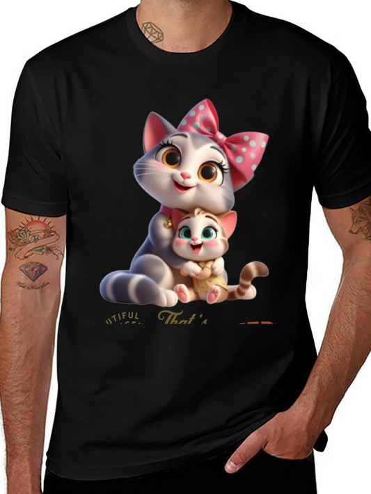 Cute Cartoon Cat Family T-Shirt - Black