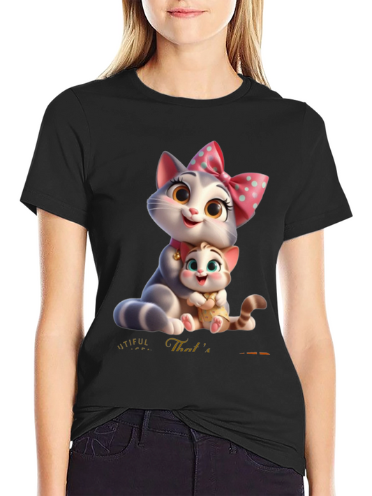 Cute Cartoon Cat Family T-Shirt - Black